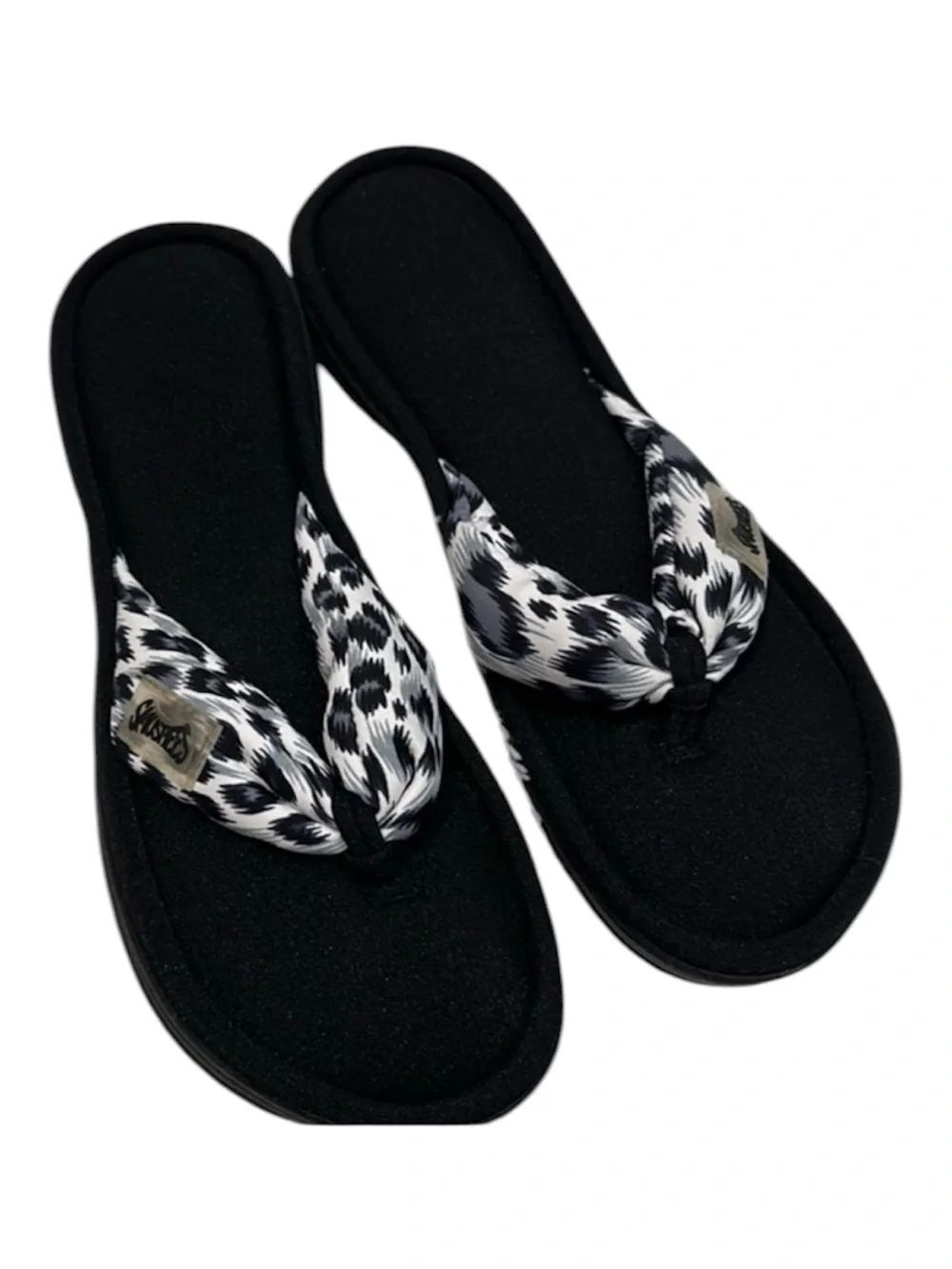 Lazee Dogs Sz6 Womens Black Flip Flops w/Black & White Leopard Print Strap EUC